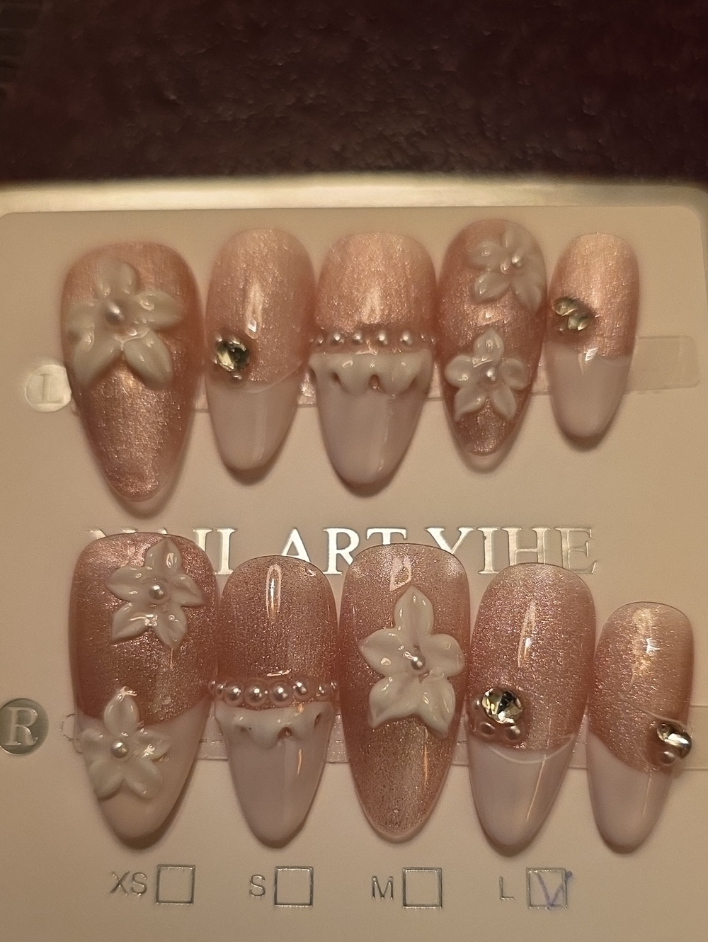 Elegant Pink Pearl Floral Press-On Nails Size Large